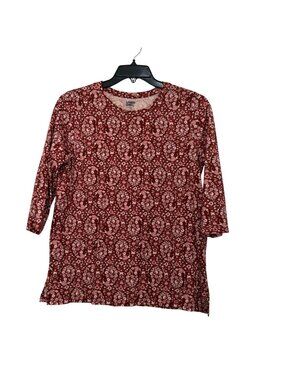 Lands End Women Burnt Orange Floral 3/4 Sleeve Cotton Tshirt Blouse Size M 10-12